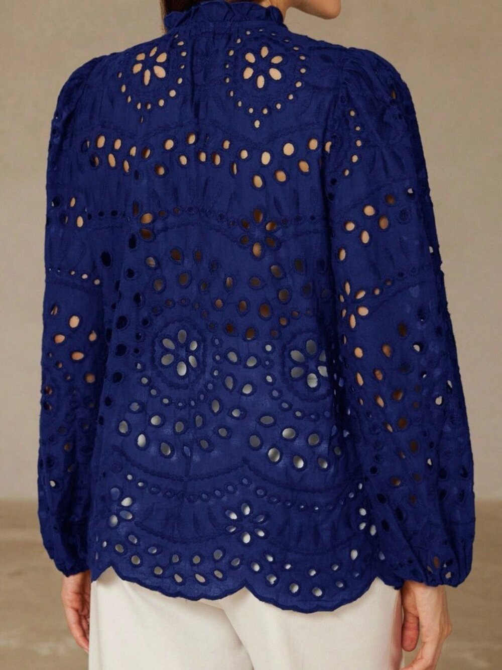 Blue Boho Women's Casual Embroidered Hollow-Out Pleated Front Long Sleeve Blouse - Picture 2 of 8